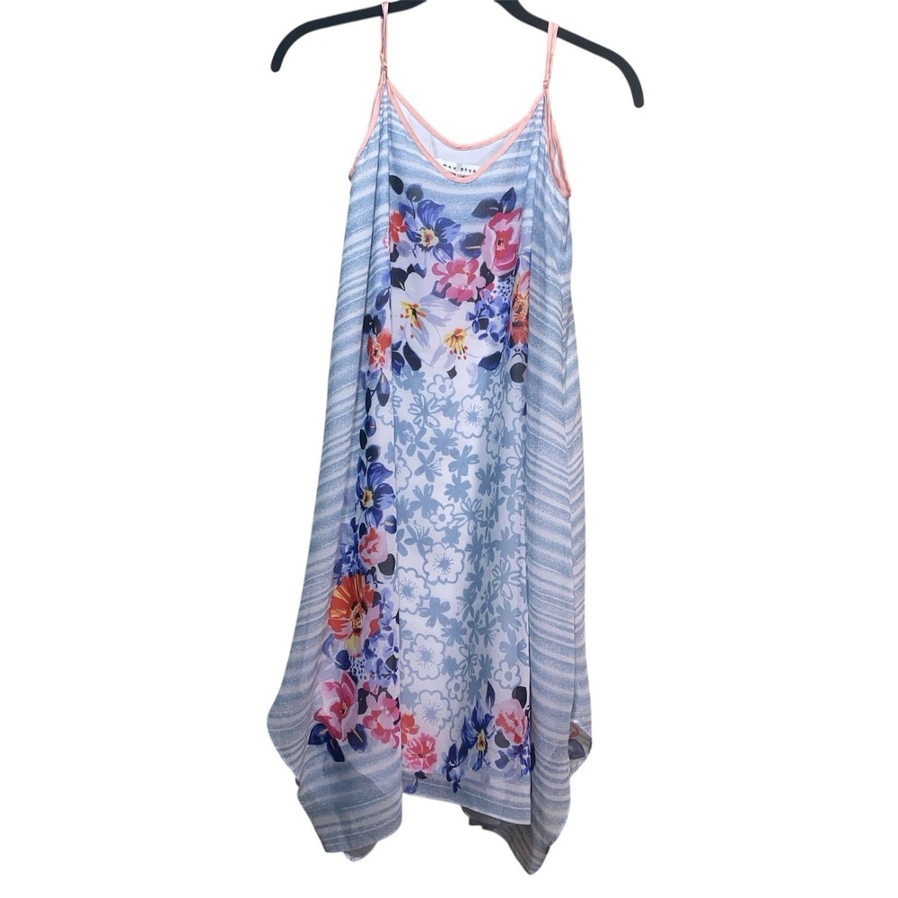 Max Studio Women's XS Floral Handkerchief Hem Slip Dress Blue Stripe Boho